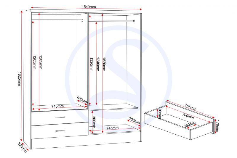 Nevada 4 Door 2 Drawer Mirrored Wardrobe