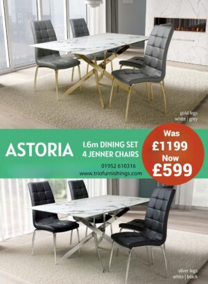 Astoria 1.6m White & 4 Dining Chairs with Gold legs Dining Set