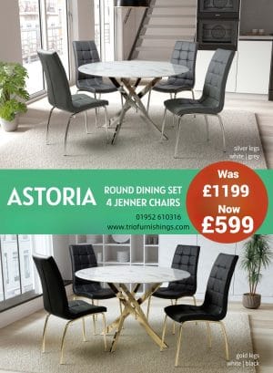 Astoria Round White & 4 Dining Chairs with Gold legs Dining Set